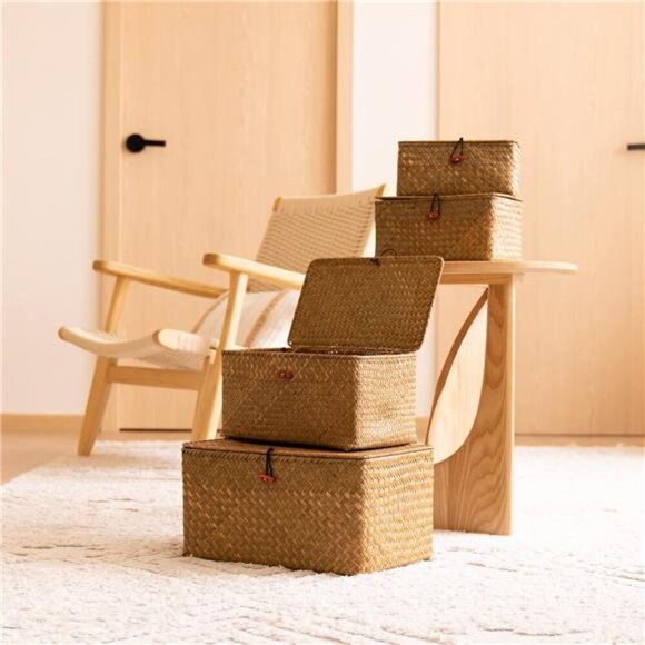 4 Pack, Wicker Baskets with Lids, Nautral Seagrass Storage Baskets, Woven - Picture 6 of 7